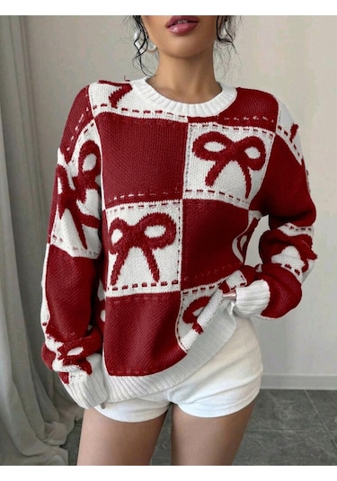Sayzen Your Shine Kurdele Işlemeli Kareli Oversize Kazak Sy-2502 Bordo