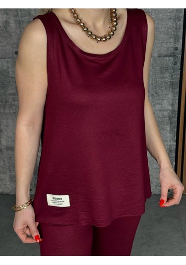 Supplierby Kadın Askılı Yuvarlak Yaka Viskon Iki Iplik Bluz Ve Eşofman Altı Ikili Takım Bordo