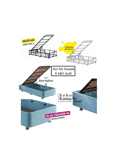 Nironyatak Cozy Baza - 90X190 Cm Tek Kişilik Sandıklı Bebek Mavisi Kumaş Baz