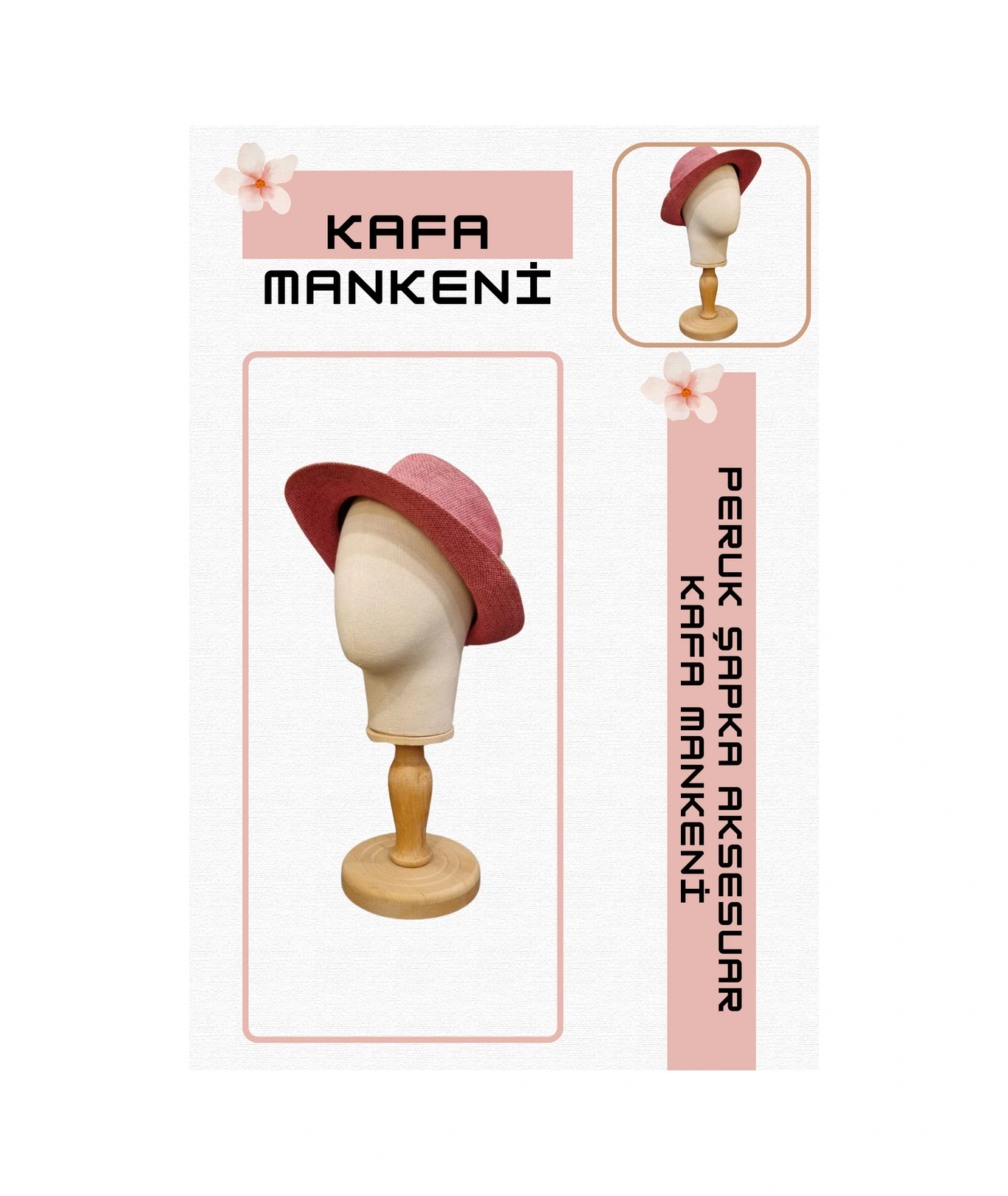 Kumaş Kaplı Ahşap Standlı Polyester Kafa Mankeni Aksesuar Mankeni Şapka Mankeni Peruk Mankeni 0014