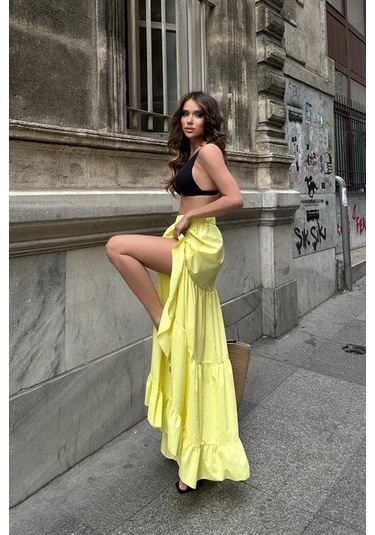 Audrey Fıfrlı Yırtmaç Detay Etek 4037 Sarı