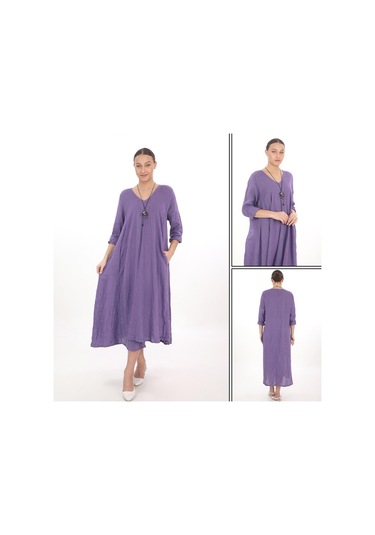 İtalyan V Yaka Uzun Kol Keten Elbise-8907 Mor