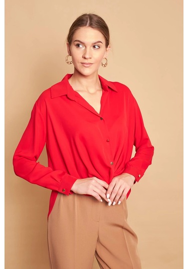 Yakalı Önü Pileli Uzun Kol Likrasız Şık Kumaş Gömlek-kırmızı Kırmızı