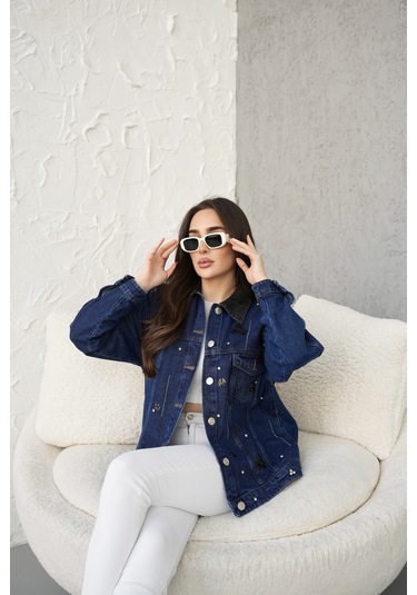 Kadın Cep Detaylı Tasarım Kot Ceket Mavi