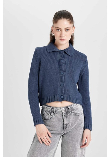 Defacto Regular Fit Polo Yaka Basic Düz Düğmeli Triko Hırka D5395AX24AUNV215 Lacivert