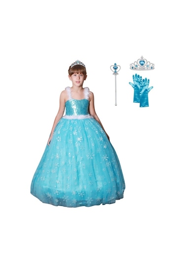 Butikhappykids Prenses Elsa Askılı Kostüm Taç Asa Eldiven 1 - 12 Yaş Mavi