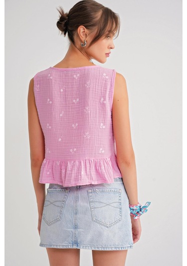 4724 Kadın Çicek Desenli Bağlamalı Müslin Bluz Pembe Pembe