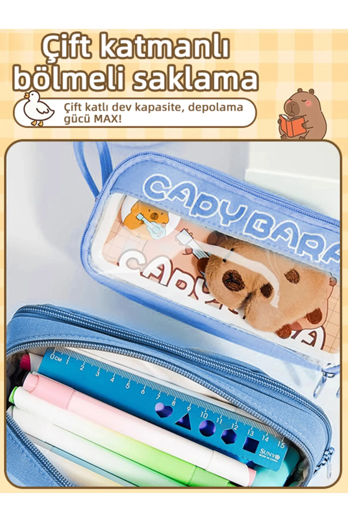 Capy Bara-40 Kalem Kapasiteli Çift Katlı Kalemlik Rastgele Broş & Oyuncak Mavi