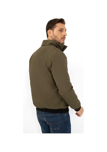 Erkek Astarlı Dik Yaka Mevsimlik Cepli Su Ve Rüzgar Geçirmez Mont Haki