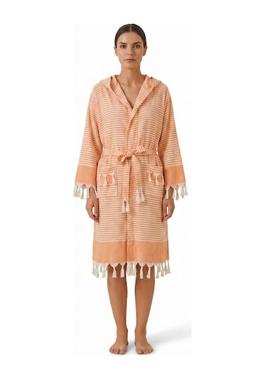 Kapşonlu Unisex Peştemal Plaj Bornozu %100 Pamuklu Seaside Stripe Turuncu