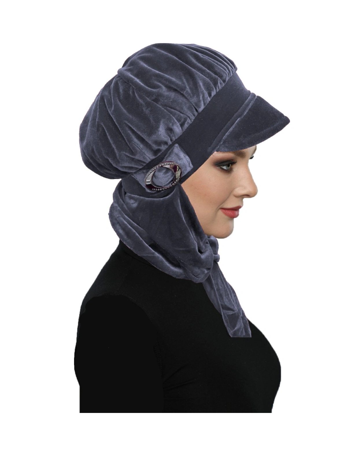 Kadife Şapka Atkılı Toka Detaylı Füme Hazır Türban Tesettür Bone Füme