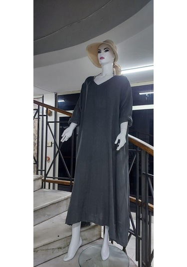 İtalyan V Yaka Uzun Kol Keten Elbise-8907 Gri