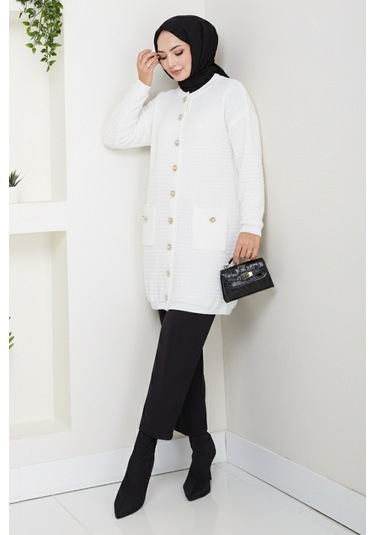 Lezgi Düğmeli Triko Hırka 1599 - Beyaz Beyaz
