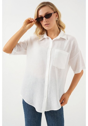 Gülsüm Aydın Kısa Kol Keten Görünümlü Gömlek 20336 - Beyaz Beyaz