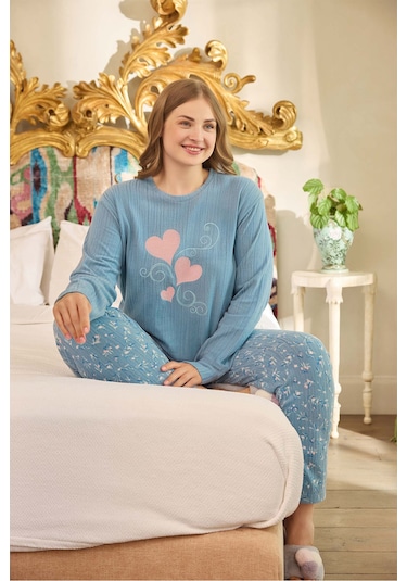 Aydoğan Kadın Suzi Büyük Beden Termal Mavi Pijama Takım 0686 Mavi