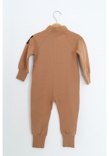 Toontoy Kids Toontoy Erkek Bebek Baskılı Dik Yaka Fermuarlı Reglan Kol Basic Tulum Kahverengi