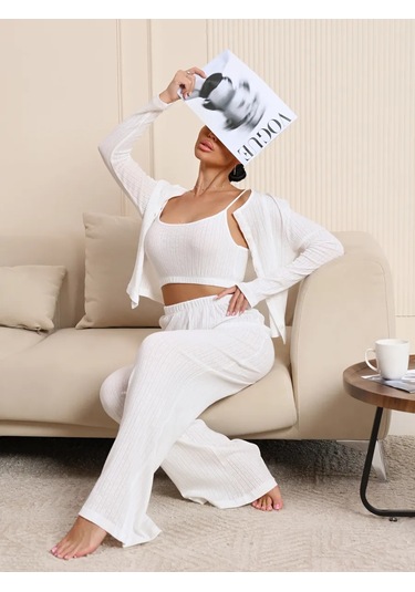 Sevılle Yılbaşı Üçlü Pijama Seti Evde Giymek İçin Büyük Bedenli Pantolonlu 446797801 Beyaz