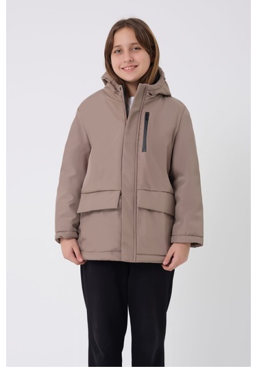 Kız Çocuk Vizon İçi Kürklü Su Ve Rüzgar Geçirmez Kapüşonlu 3 Cep Kışlık Mont & Kaban & Parka Vizon