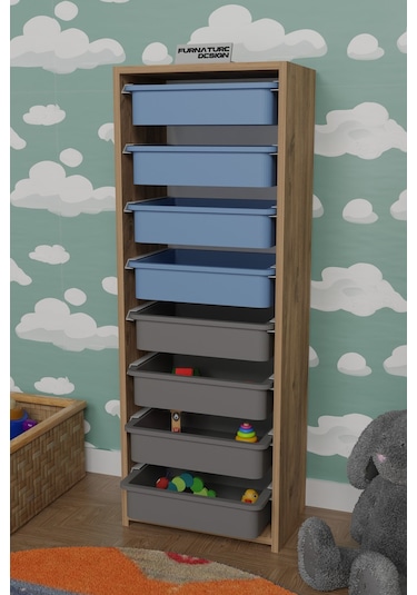 8 Sepetli Çok Amaçlı Oyuncak Dolabı - Atlantik Çam-mavi&gri
