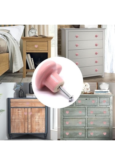 Fortunelane Pembe Seramik Kalp Kolu, Çocuk Odası Dolap Kolu, Mutfak Aksesuarı, Dekoratif Mobilya Kolu 6 Adet