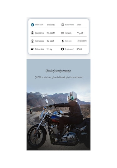 2 Intercom Bağlantılı Su Geçirmez Motosiklet Kask Bluetooth 5.3 300m Intercoom 2.000mah