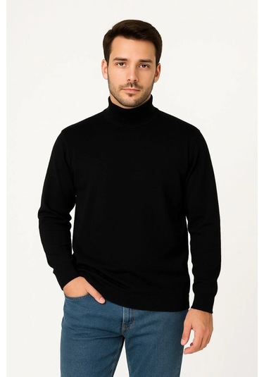 Erkek Yarım Boğaz Triko Kazak Yumuşak Dokulu Pamuklu İnce Dokuma, Uzun Kollu Rahat Regular Kalıp - Siyah Siyah