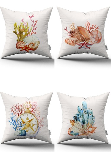 Mavi Turuncu Marin Desenli 4'lü Dijital Baskılı Kırlent Kılıfı Seti 4kmbs282 Mavi