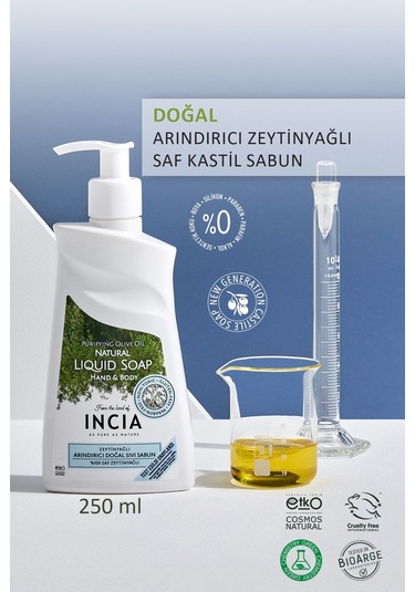 INCIA %100 Doğal Sıvı Kastil Sabunu Arındırıcı Zeytinyağlı 10 Bitkisel Değerli Yağ Vegan 250 ML