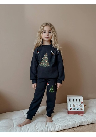 Kız Çocuk Yılbaşı Temalı 3 İplik Eşofman Takımı Lacivert