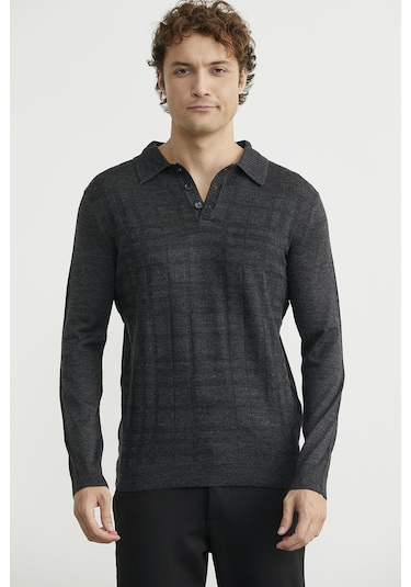 Polo Yaka Ekose Motifli Triko Kazak - Antrasit Antrasit