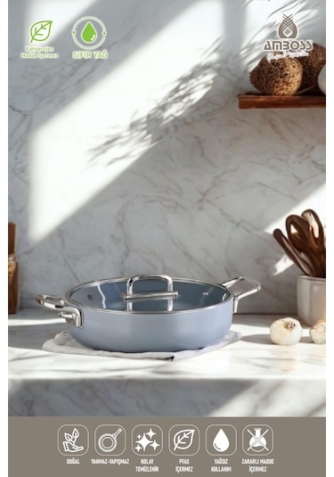 Sera Nova Seramik Yanmaz Yapışmaz Basık Tencere 28 Cm Gri Gri