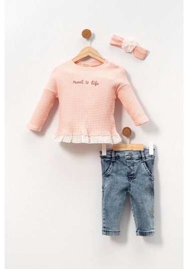 Dantel Detaylı Bandanalı Fırfırlı Yumuşak Doku Prenses 2'li Takım Şık Pembe