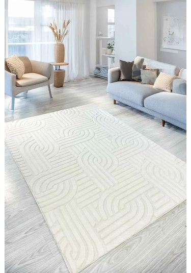 Siena Kendinden Desenli Peluş Kaymaz Taban Salon Halısı Mutfak Halısı Yolluk Ekru