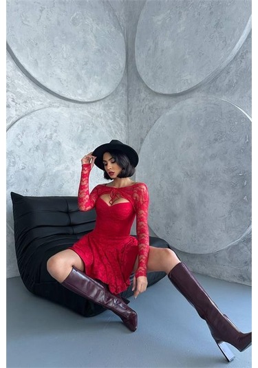 Kadın Bolero Detaylı Güpür Prenses Elbise Dpnbdf107 Kırmızı