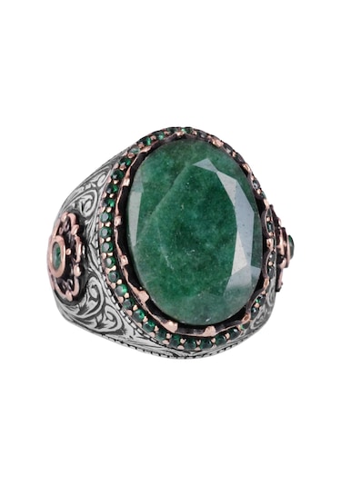 Gerçek Doğal Taş Yüzük - 925 Ayar Gümüş El Yapımı Yüzük Zümrüt Gümüş