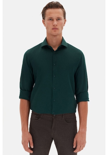 D'S Damat Ds Damat Slim Fit Koyu Yeşil Italyan Yaka Armürlü Uzun Kollu Kolay Ütülenebilir Nefes Alan Dört Mevs 2HF02ORT3185 Yeşil