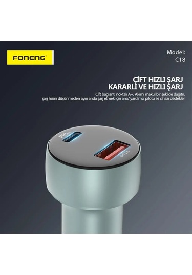 Foneng C18 48w Type-c + Usb Led Gösterge Araç İçi Şarj Adaptörü -