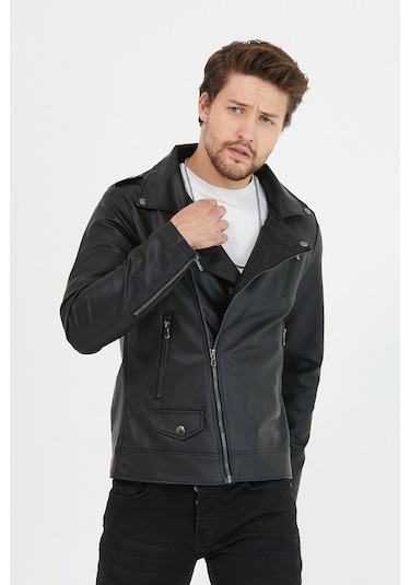 Mero Life Erkek Çapraz Fermuarlı Deri Ceket - Siyah
