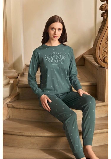 Aydoğan Kadın Lavin Ribana Manşetli Viridian Koton Pijama Takım 0593 Yeşil