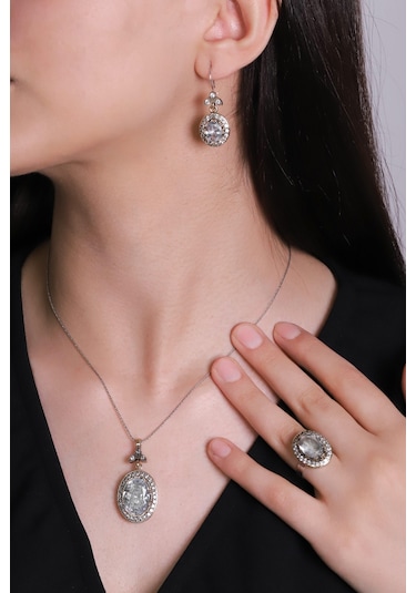 Beyisa Gümüş Beyaz Kuars Taşlı Üçlü Otantik Set Takı