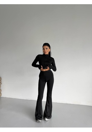 S-pazarım Kadın Balıkçı Yaka Cep Detaylı Ceket Ve Ispanyol Paça Spor Ikili Takım Siyah