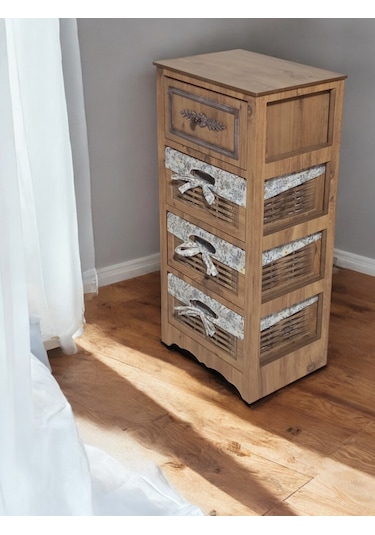 Ahşap 4 Çekmeceli Hasır Görünümlü Sebzelik Atlantik Çam