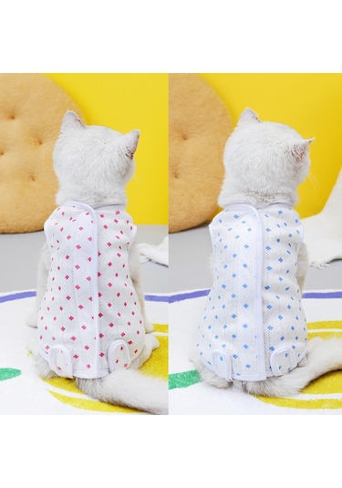 Hangfox Kedi Cerrahi Sonrası Giysi - Doğum Sonrası Kıyafet, Yalama Engeli, Sağlam Malzeme, Mavi Dört Yapraklı Çiçek Desenli