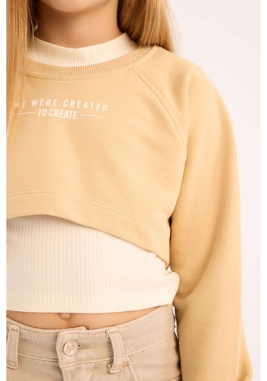DeFacto Kız Çocuk Bisiklet Yaka Baskılı 2'li Sweatshirt D9442A825SPBG203 Bej