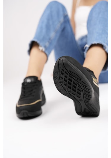 Muggo Happy Garantili Kadın Ortopedik Günlük Bağcıklı Şık Rahat Sneaker Spor Ayakkabı Siyah - Altın