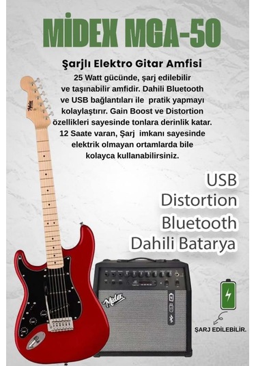 Midex Rph-31rd-50amp Solak Elektro Gitar 50w Amfili Full Set