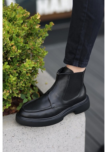Shoetyle - Siyah Deri Fermuarlı Erkek Bot 250-085-1077 Siyah