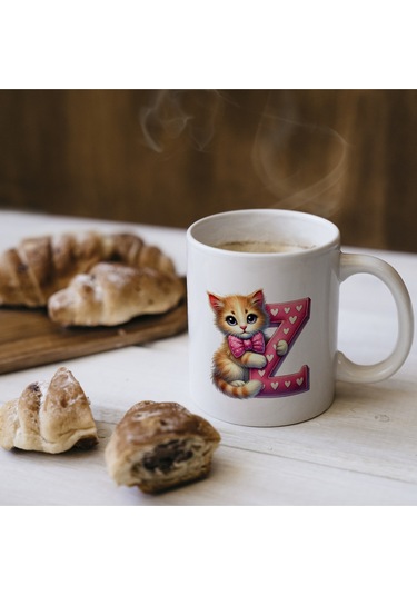 Z Harfli Bardak, Sevimli Kedili Pembe Tasarım Bardak, Arkadaşa Aileye Hediye Porselen Beyaz