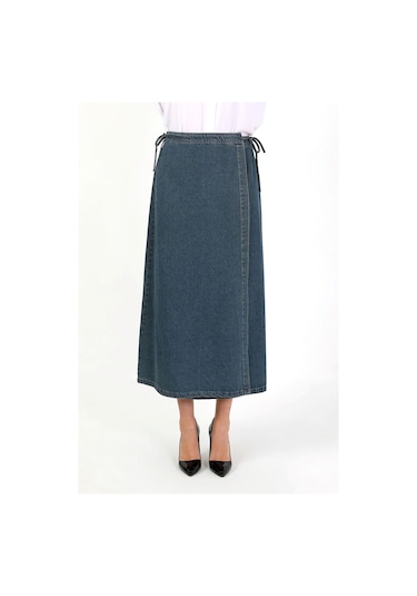 Yandan Bağlamalı Denim Etek- Mavi Mavi