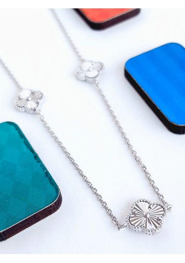 Aynalı Fransız Yonca Tasarım Kolye Küpe Gümüş Kadın Set